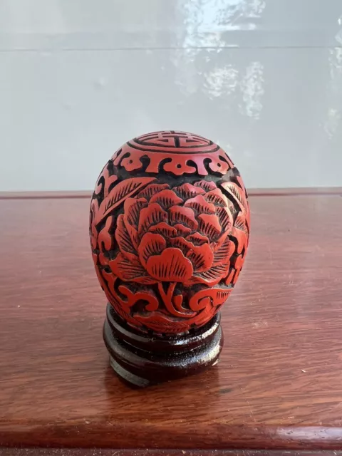 Vintage Chinese Carved Red Cinnabar Egg Double Happiness