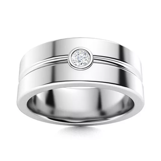 Homme Solitaire Bande Rond 0.10 Carat Véritable Diamant 7.5 MM 14K or Blanc