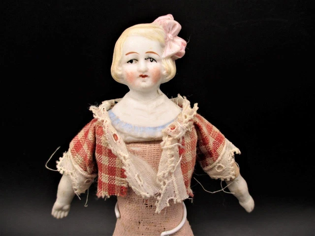 6.5" Antique German Dollhouse Doll Parian Head Bisque Miniature w/ Pink Hairbow