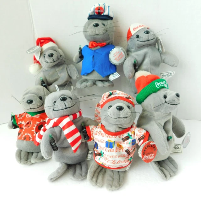 Coca Cola Plush Bean Bag, Lot of 7, ALL SEALS, No repeats 90's Collectible Toys