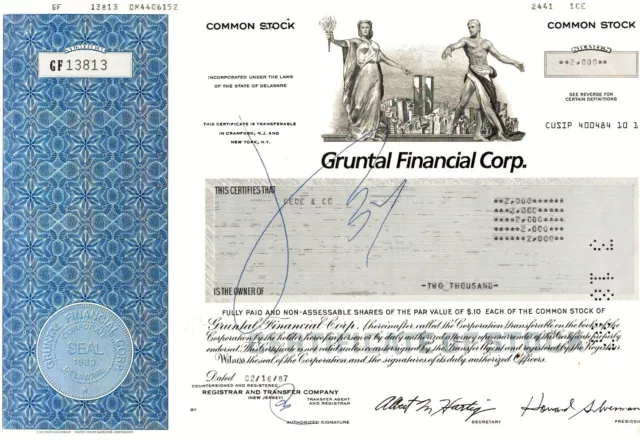 Gruntal Financial Corp., 1987 (2.000 Shares)