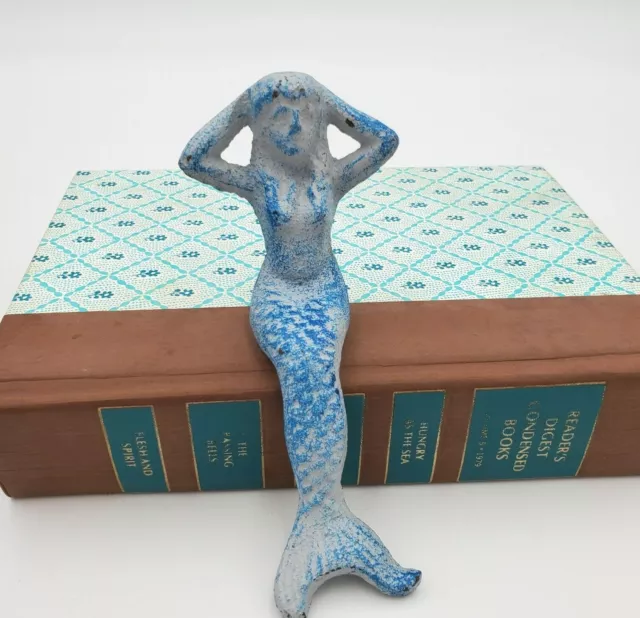 Cast Iron Blue Mermaid Figurine Decor Shelf Sitter Nautical Bath Garden Office