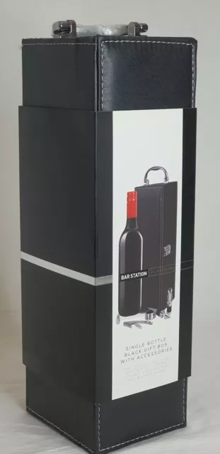 NEW Bar Station Wine Bottle Gift Carrier Box Steel Accessories Black Leather 2