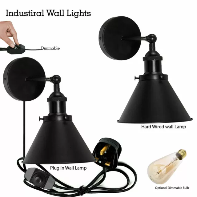 Wall Light /Plug In Wall Lamp+Dimmer Switch Vintage Shade Industrial Wall Sconce