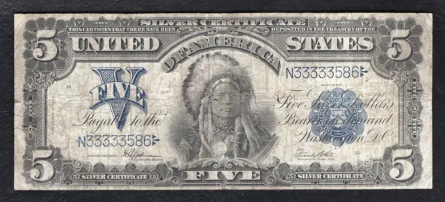 Fr 281 1899 $5 Five Dollars “Chief” Silver Certificate U.s. Currency Note