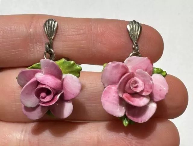 Vintage Handbemalt Fein Knochen China Rosa Rose Blume Clip Lange Ohrringe DA2