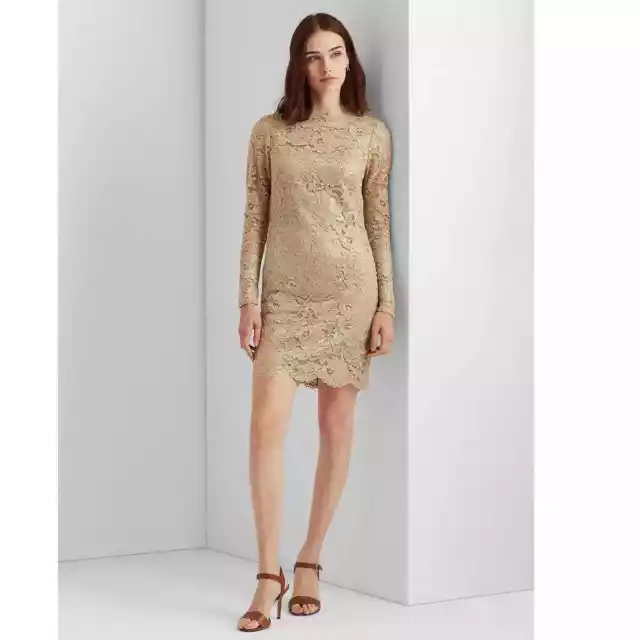 Lauren Ralph Lauren Women's Gold Metallic Lace Cocktail Dress Size 10