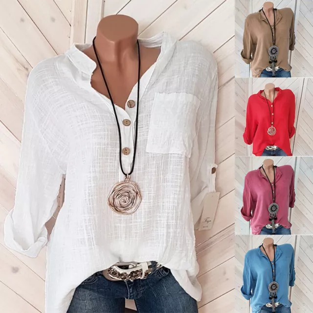 New Tunic Cotton Linen Pullover Blouse Tops Ladies Baggy Long Sleeve T-Shirt
