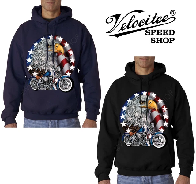 Velocitee Mens Hoodie USA Classic Motorcycle With Eagle Harley Biker A00237