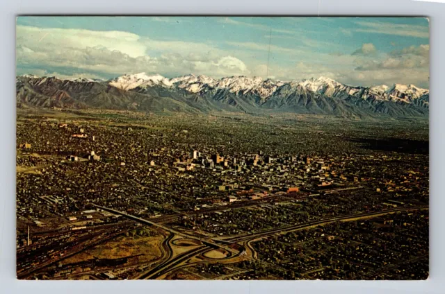 Salt Lake City UT-Utah, Aerial View Salt Lake City, Wasatch Mts Vintage Postcard