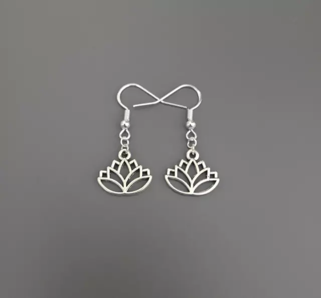 925 Sterling Silver Hook Lotus Flower Outline Charm Earrings Gift Jewellery