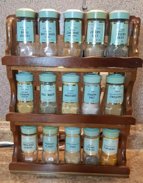 Vintage MCM Wood Lid Spice Jars Twist Top lot of 16