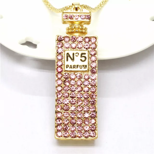 Fashion Women Pink Bling Perfume Bottle Crystal Pendant Sweater Necklace
