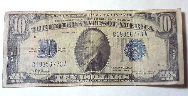 1934 Ten Dollar Blue Seal Note Silver Certificate US $10 bill