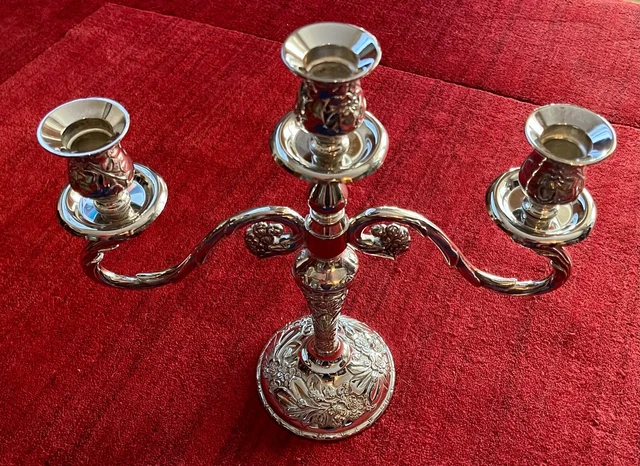Ornate Heavy Three Arm Antique Vintage Silver Candelabra