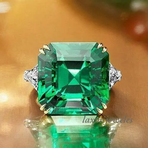 3.50CT Asscher Cut Real Green Emerald Engagement 3-Stone Ring 14K 2-Tone Gold FN