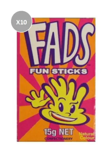 900866 10 X 15g BOXES OF THE FADS FUN STICKS LOLLIES CANDY MUSKY FLAVOUR SNACK