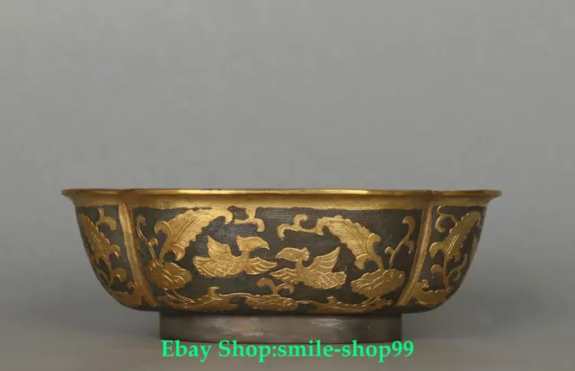 4.9"Collect Old China Dynasty Bronze Gild Fengshui Flower Bird Bowl Cup