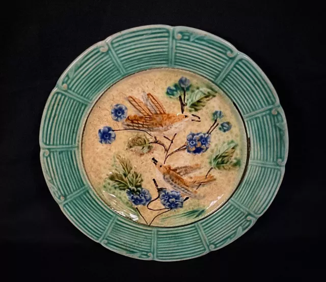 Ancienne XXème petite assiette décor floral et oiseau émaillé et craquelé