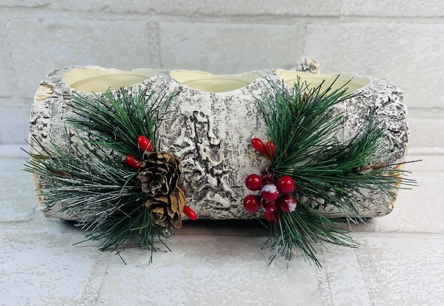 Faux birchwood log 3 tealight candle holder christmas decor 7 1/2"