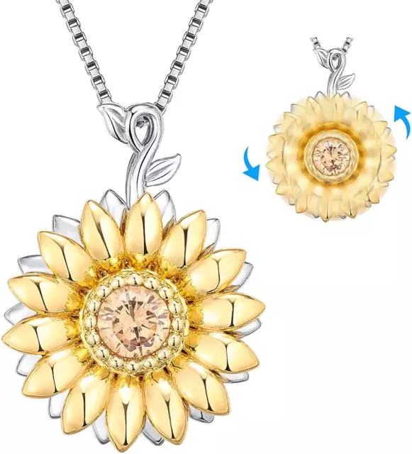 Golden Rotatable Sunshine Sunflower Pendant Necklace for Women Girls, S925 Sterl