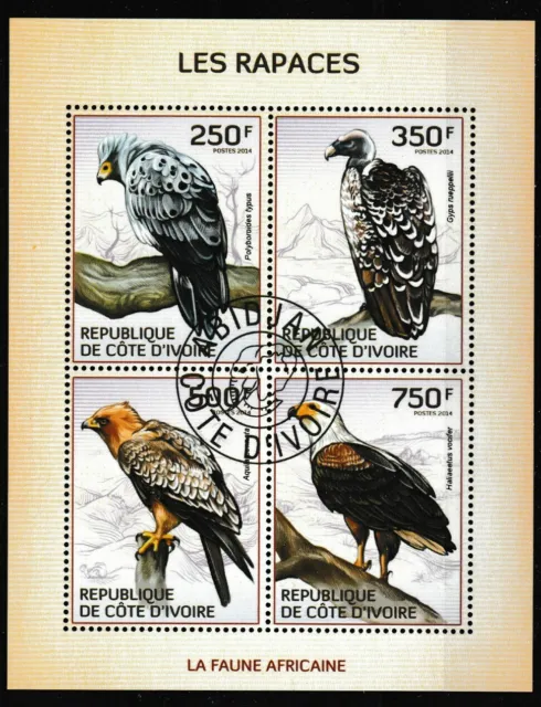 Raptors Birds CTO Souvenir Sheet of 4 Stamps 2014 Ivory Coast