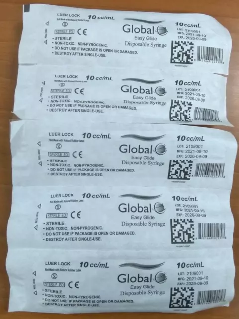 5 pcs:  10cc / 10ml Global Easy Glide Sterile Disposable Syringe with Luer Lock