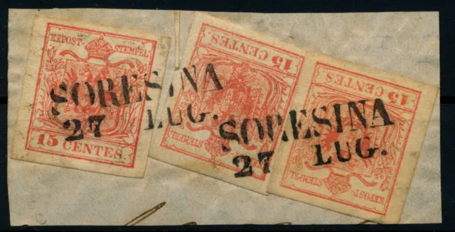 LOMBARDEI-VENETIEN 1850 3*15C auf Briefstück, SORESINA. Sehr schön!