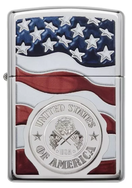 Zippo Unisex American Stamp on Flag High Polished Chrome Lighter, Windproof