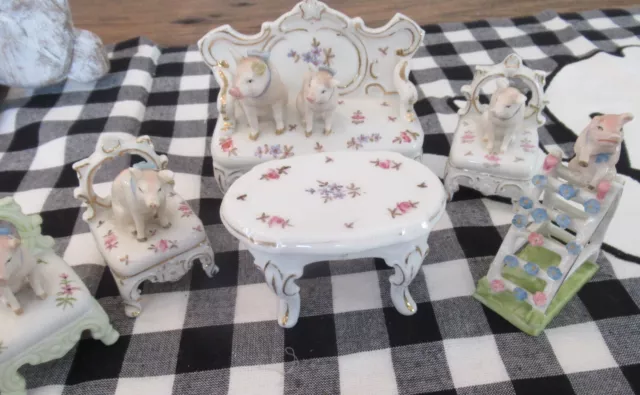 Rare Antique Miniature Pigs on Dresden Ladder,Sofa and Chairs (German?) 6Pcs