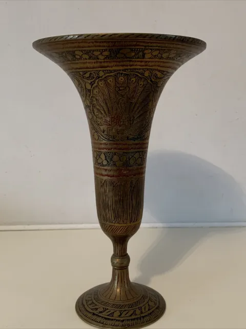 Vintage Decorative Brass Trumpet Vase Etched With Deep Red & Black Enamel 8.25"