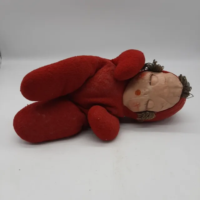 Vintage sleeping baby doll painted oilcloth face red plush body well loved worn