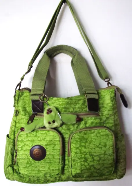 KIPLING Green Multi Zip Pocket Crossbody Handbag Purse W Green MONKEY KEYCHAIN