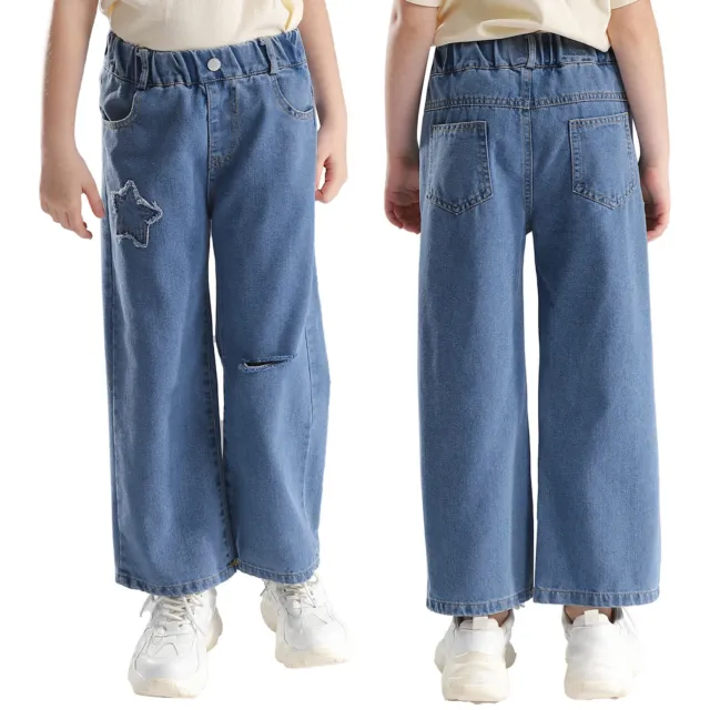 Kids Girls Trousers With Pockets Sweatpants Elastic Waistband Denim Pants Hem