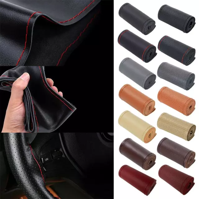 Genuine Leather Car Steering Wheel Cover DIY Stitch For 15"/15inch Wrap On P3K7