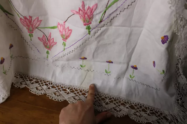 Vintage Floral Hand Embroidered Linen Tablecloth 38" x 34" Pink Purple Flowers 3