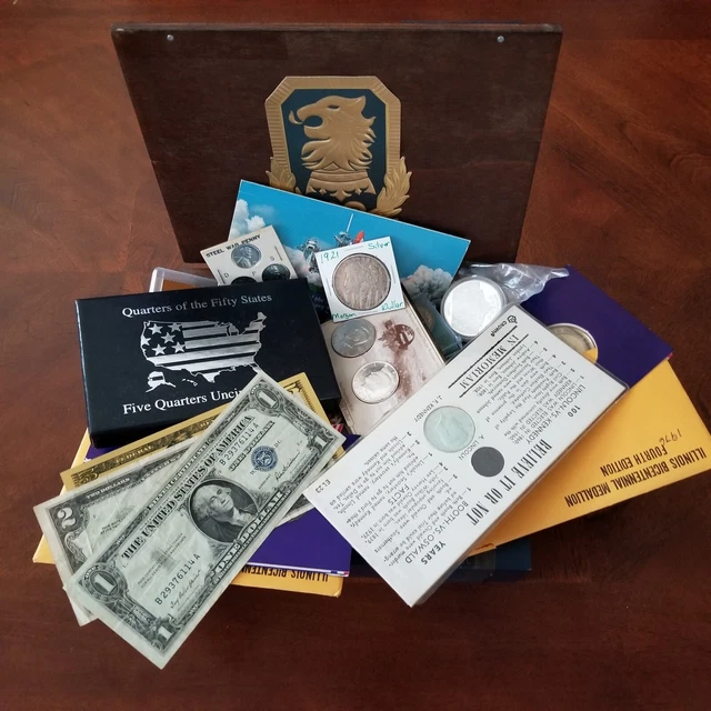 Estate Lot Sale ~ Old Coins, Morgan Silver Dollar, Currency, Wooden Cigar Box!!!