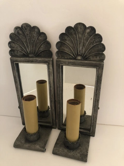 European Art Deco 1920's Pair of Pewter Mirrored One Arm Mounted Wall Sconces 