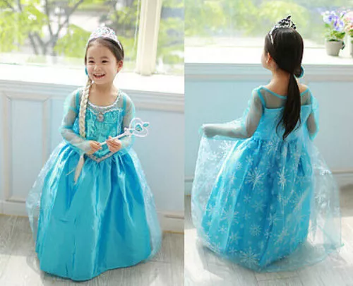 Kids Girls Princess Queen Elsa Halloween Cosplay Costume Fancy Dress&Crown Elsa