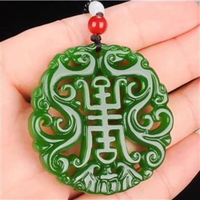 Chinese Green jade hand carving hollow out Fu Shou Pendant
