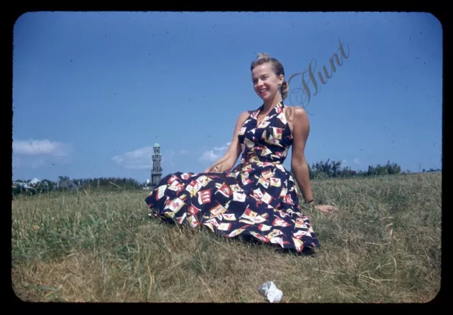 Pretty Woman Dress Fashion Quebec 1950s Slide 35mm Red Border Kodachrome