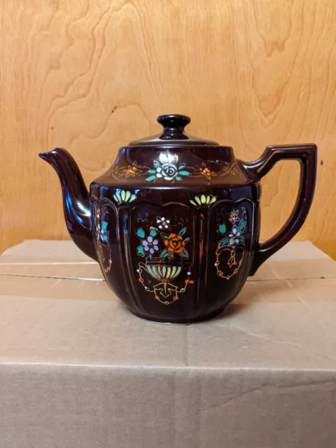 Vintage Large "Brown Betty" Redware Teapot, hand painted enamel, made in Japan