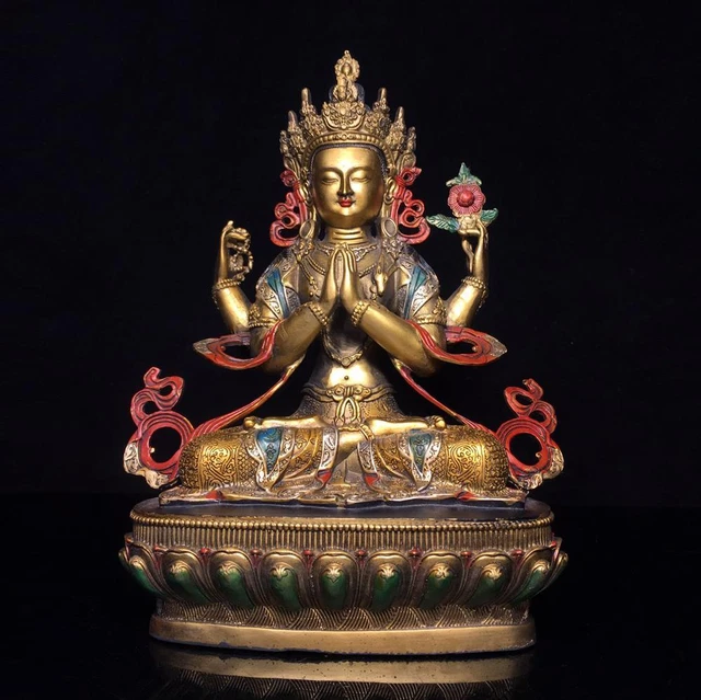 30CM Chinese Old Bronze Color Gilding Statue Buddha Q682