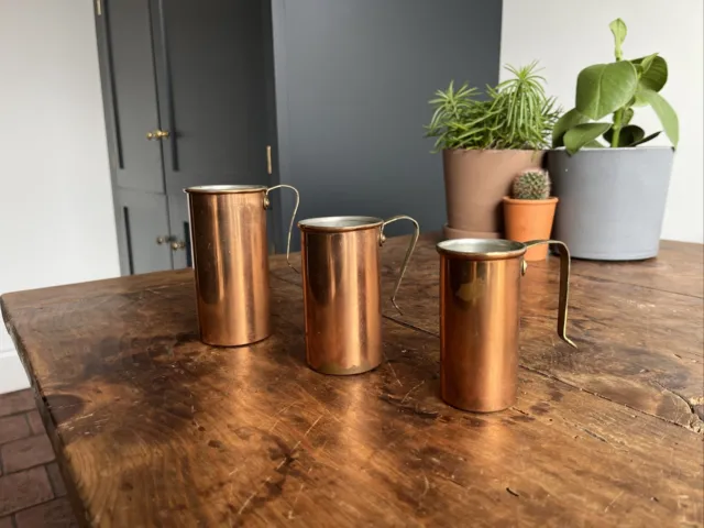 Vintage Set X 3 Graduated Copper Measuring Cups Brass Handles 1  3/4  1/2 cups