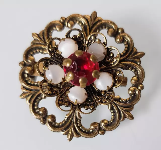 Vintage Ornate Gold Tone Round Brooch with Red Stone and Faux Pearls