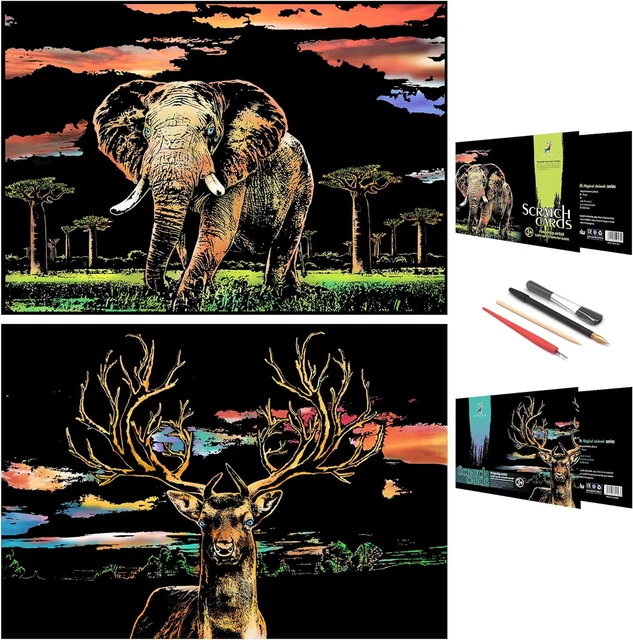 Papel artístico de pintura a rascar, tablero de rascar serie animal para niños y adultos, artesanal 4