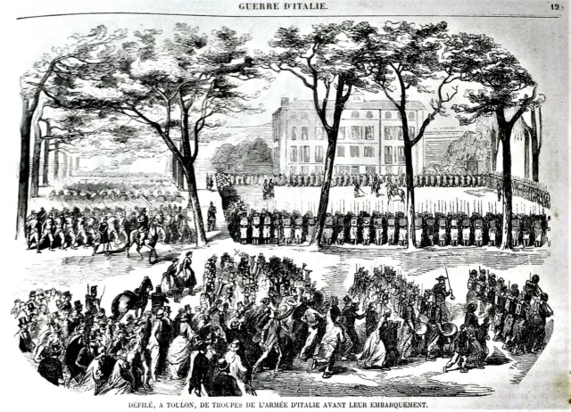 1859 Old Print:defile A Tolone,Le Truppe Dell'armata D'italia Prima Dell'imbarco