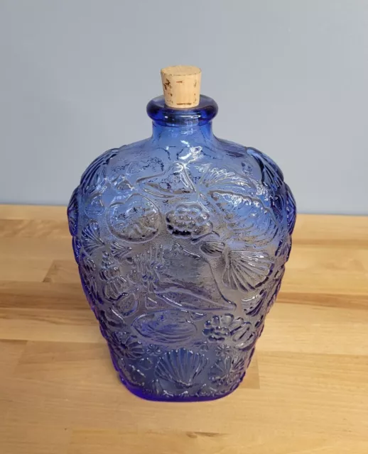 Vintage Libbey Cobalt Blue Glass Bottle w/ Embossed Sea Shells Canada 8.5”T