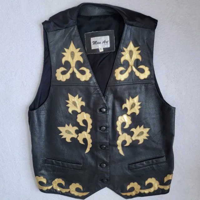 Man Art Designs Black Leather Vest With Gold Scroll Design. Unique Rare. Size XL