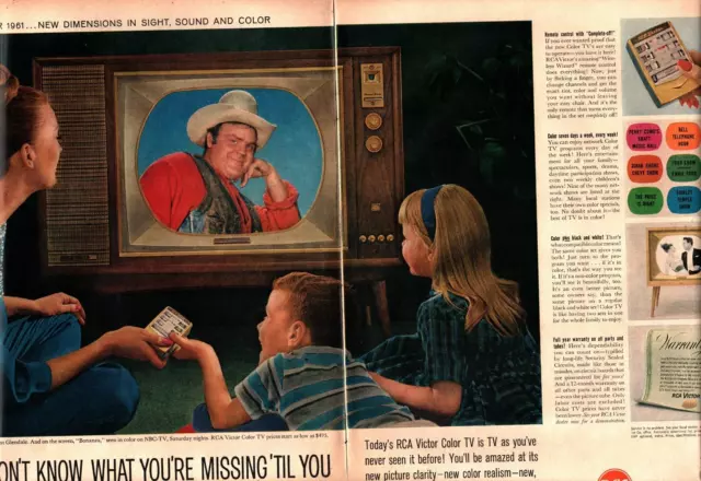 1960 RCA COLOR TV! Hoss Cartwright on screen photo art 2 PAGE print ad D2